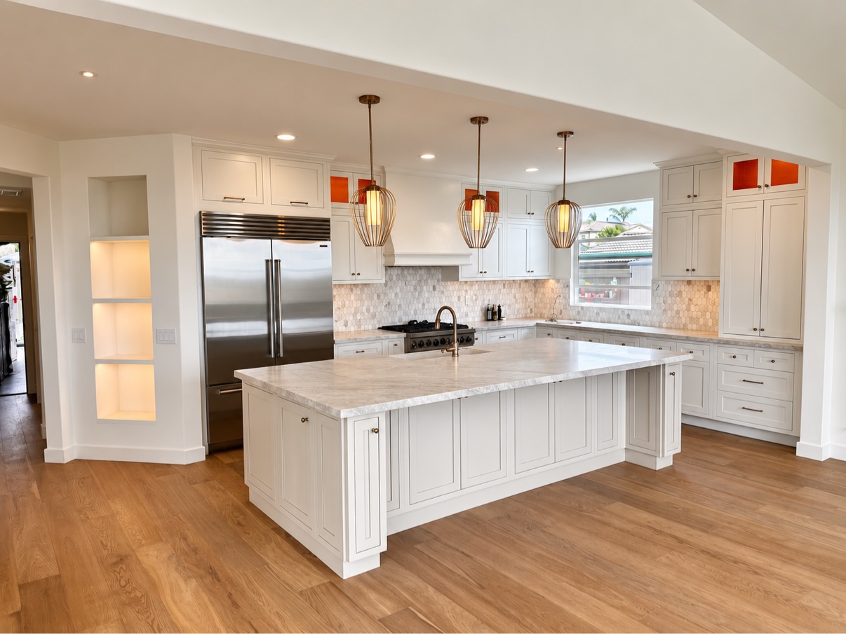 White kitchen with island, wood floor, and pendant lighting