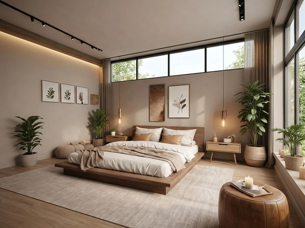 Light-filled bedroom with warm wood finishes, large windows, and green plants