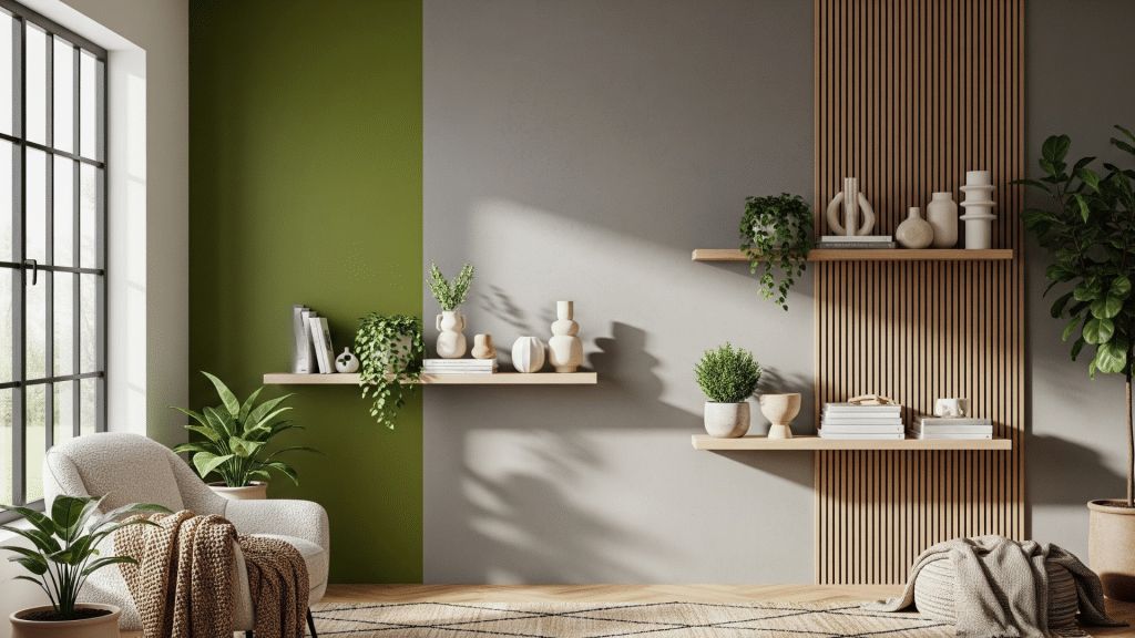 Living room wall with green and gray paint sections and wood slat accents