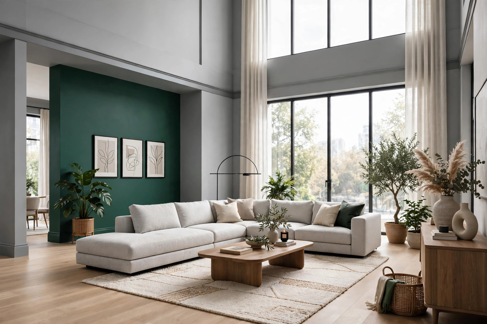 Spacious living room with gray walls and a deep green accent wall, freshly painted